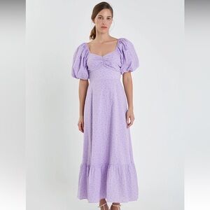 English Factory Lavender floral print bow tie making dress with Puff Sleeves